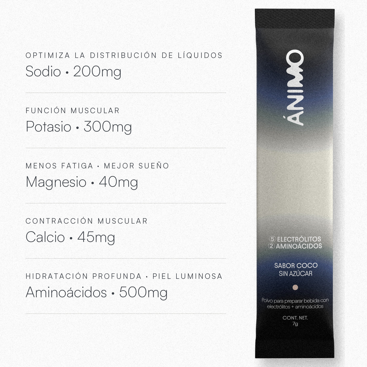 ÁNIMO Coco — 200mg sodio, 300mg potasio, 40mg magnesio, 45mg calcio y 500mg aminoácidos por stick — imagen 4