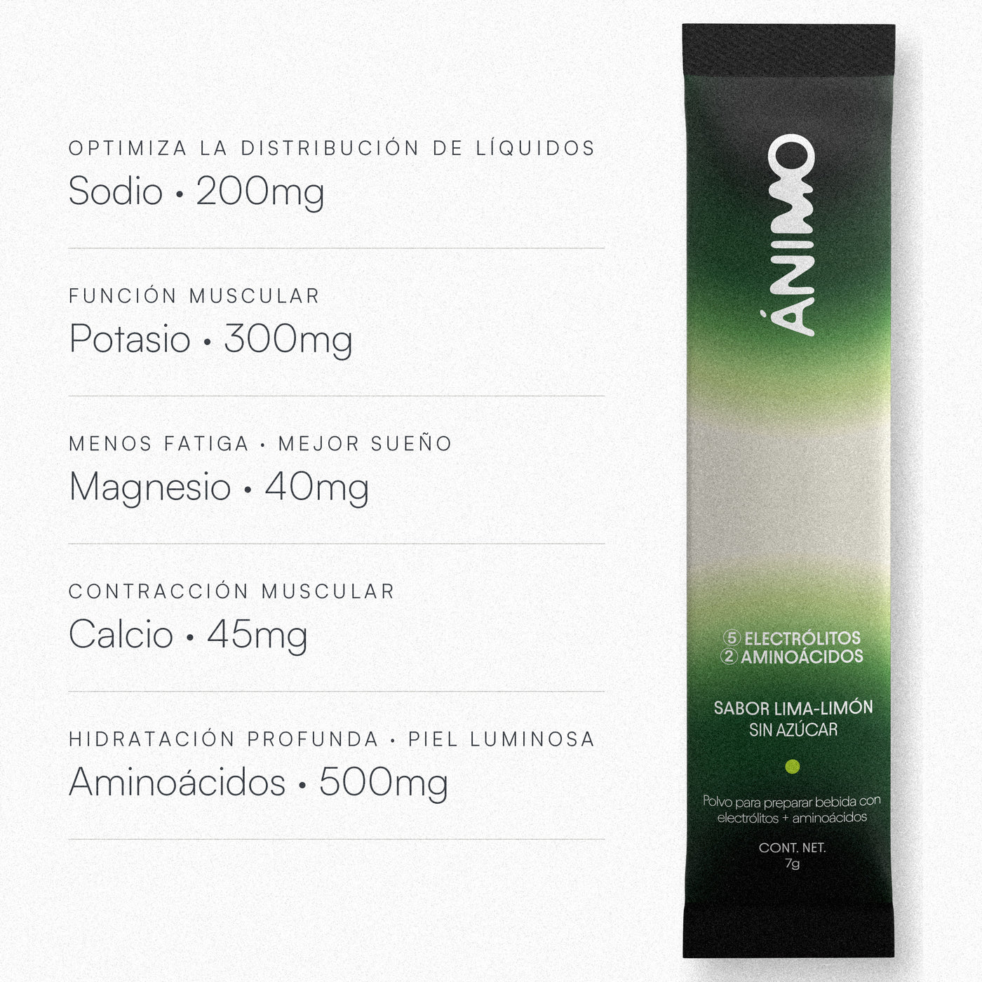 ÁNIMO Lima Limón — 200mg sodio, 300mg potasio, 40mg magnesio, 45mg calcio y 500mg aminoácidos por stick — imagen 4